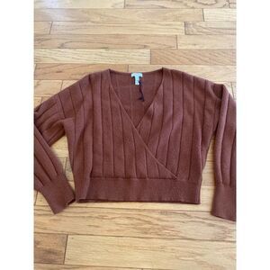 NWOT Leith women’s brown knit v-neck long sleeve cropped sweater size Large